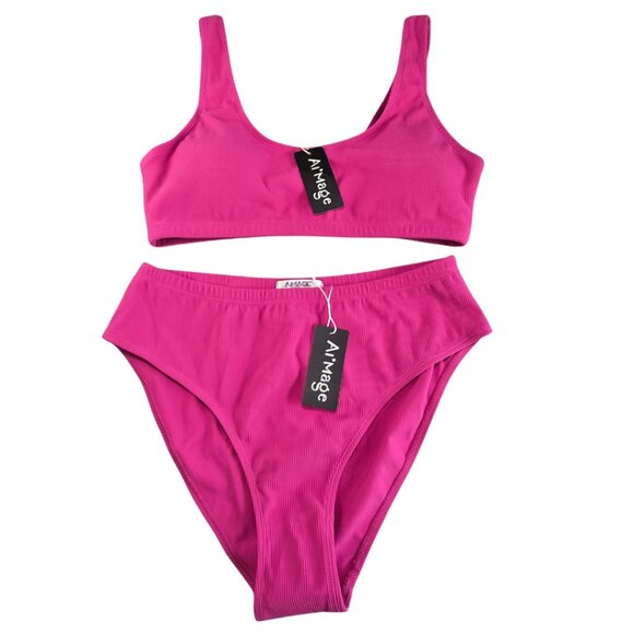 NWT Rose 2 Piece Scoop Neck Ribbed Hight Cut Bikini Bathing Suit - Large - Picture 1 of 7